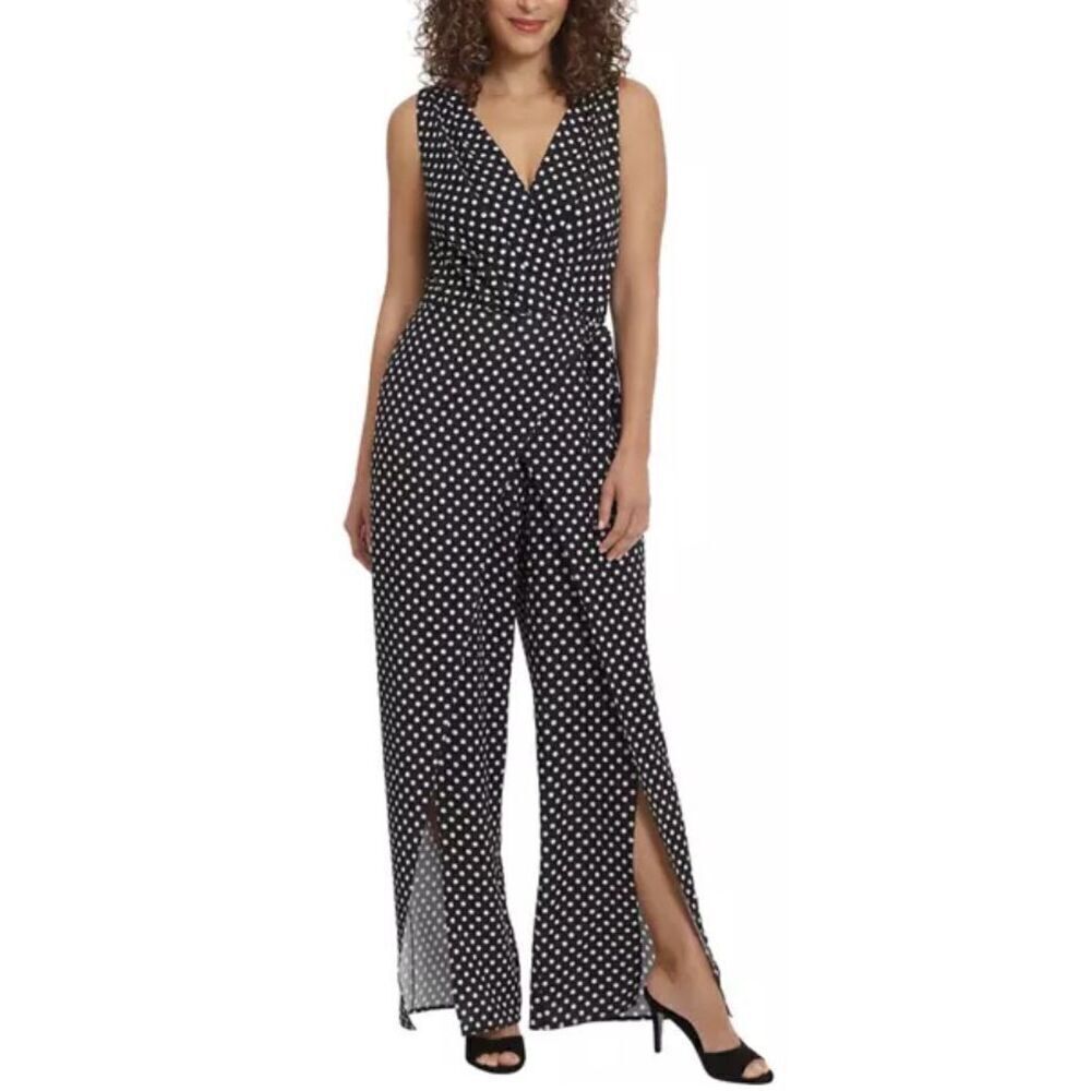 London Times Woman Polka Dot Tie Jumpsuit Size 22W With Leg Slit Black White NEW